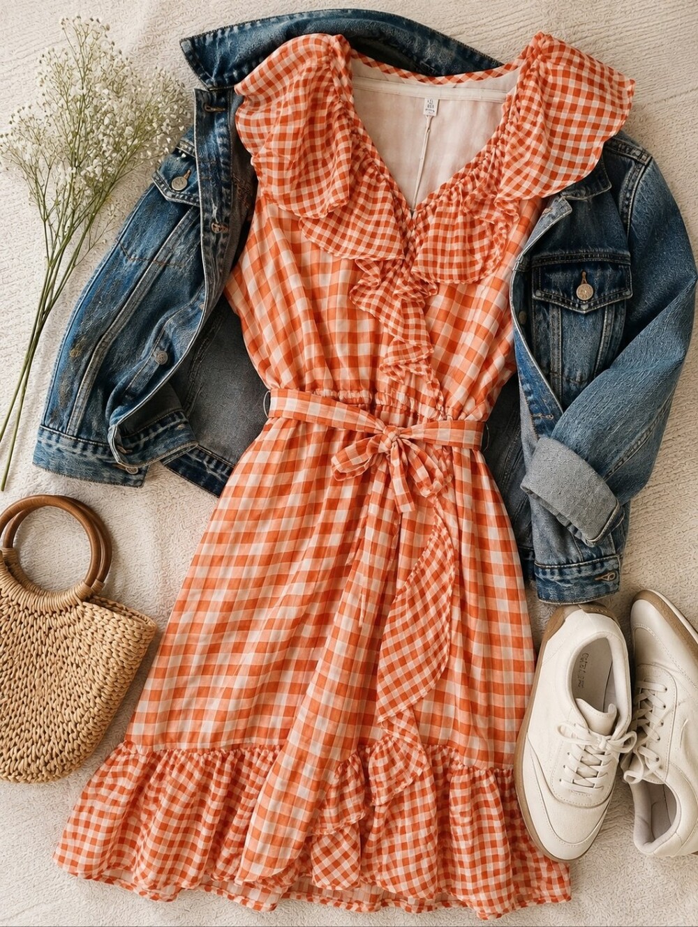 Gingham Ruffle Wrap Dress Orange & White Cottagecore Summer Picnic Dress XL